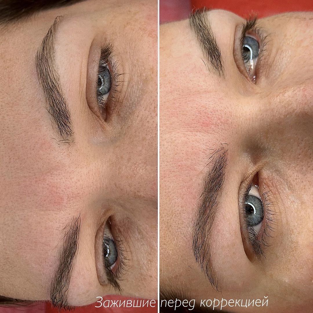 Заживший перманентный макияж бровей перед и после коррекцией|Зажившие пудровые брови|Хабаровск